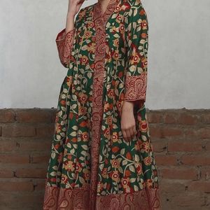 Green Kalamkari Printed Overlap Dress